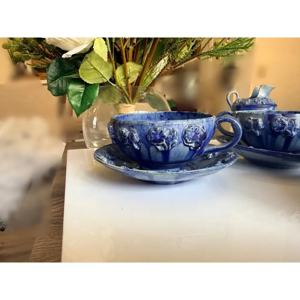 Vintage 1950 Cobalt Blue Ceramic, Exquisite, Delicate, Tea Set - 13 pcs